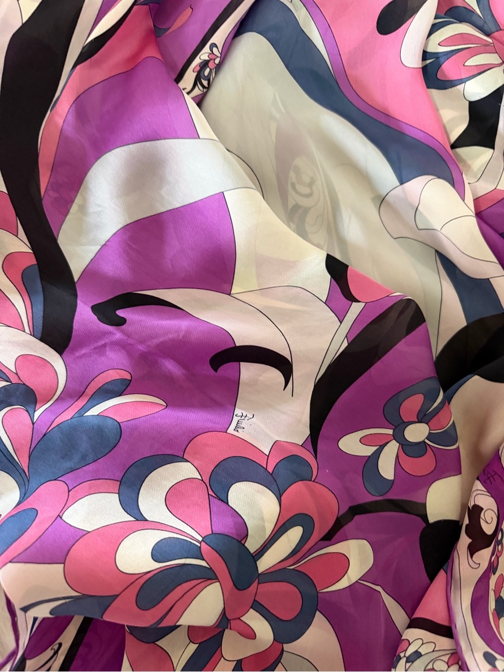 Emilio Pucci Vibrant Floral Silk-Feel Scarf in Pink, Purple, Blue & Black.